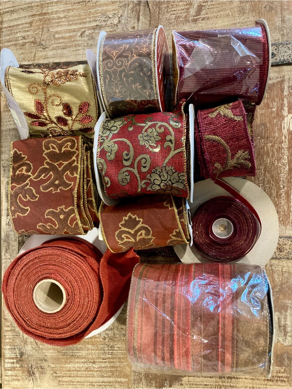 Ribbon Crafting Destash Lot - Red Gold Brown Tones - Holiday Ribbons